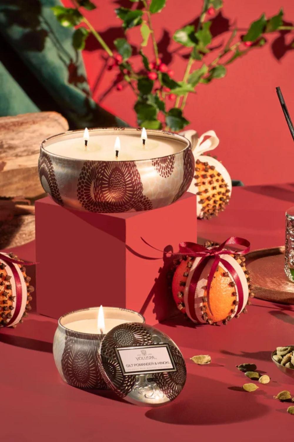 3 Wick Tin Candle Gilt Pomander & Hinoki