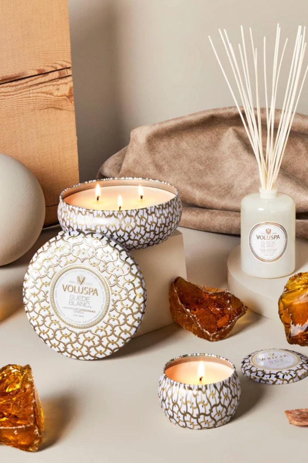 3 Wick Tin Candle Suede Blanc 340g