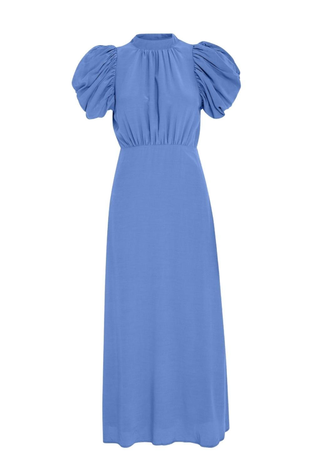 Alicia Puff Short Sleeve Open Back Midi Dress Blue Bonnet