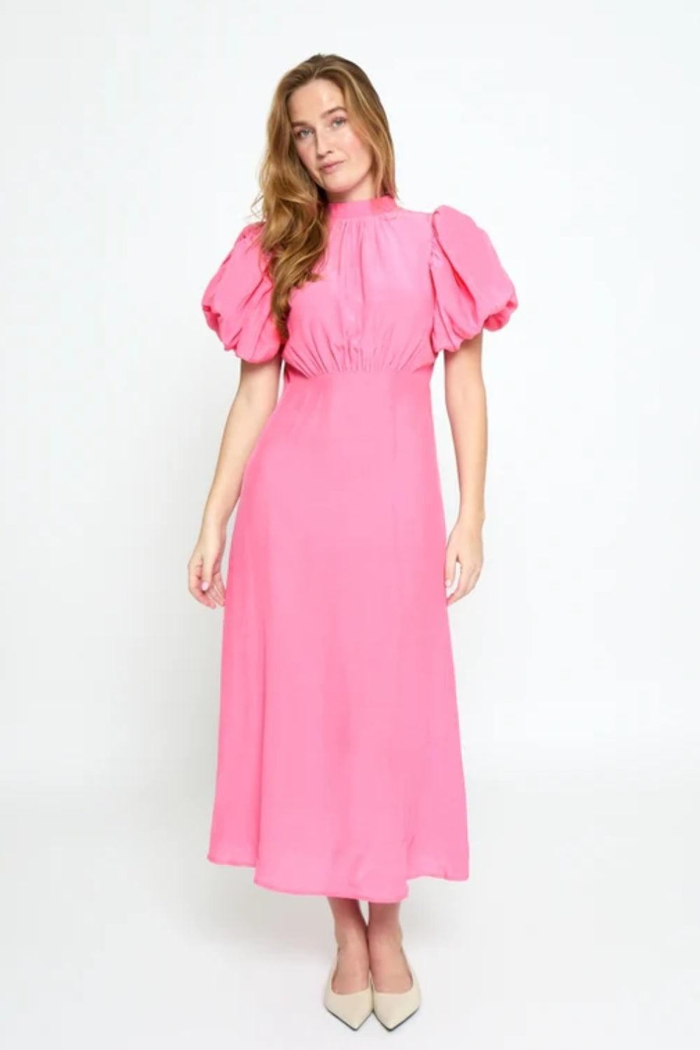 Alicia Puff Short Sleeve Open Back Midi Dress Prism Pink