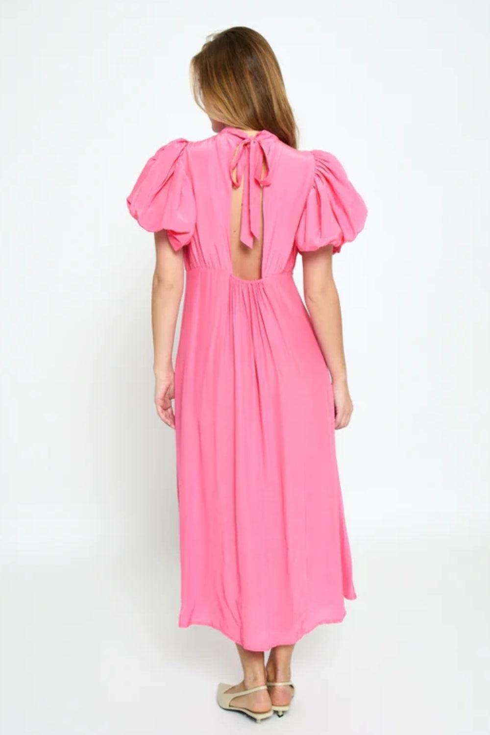 Alicia Puff Short Sleeve Open Back Midi Dress Prism Pink