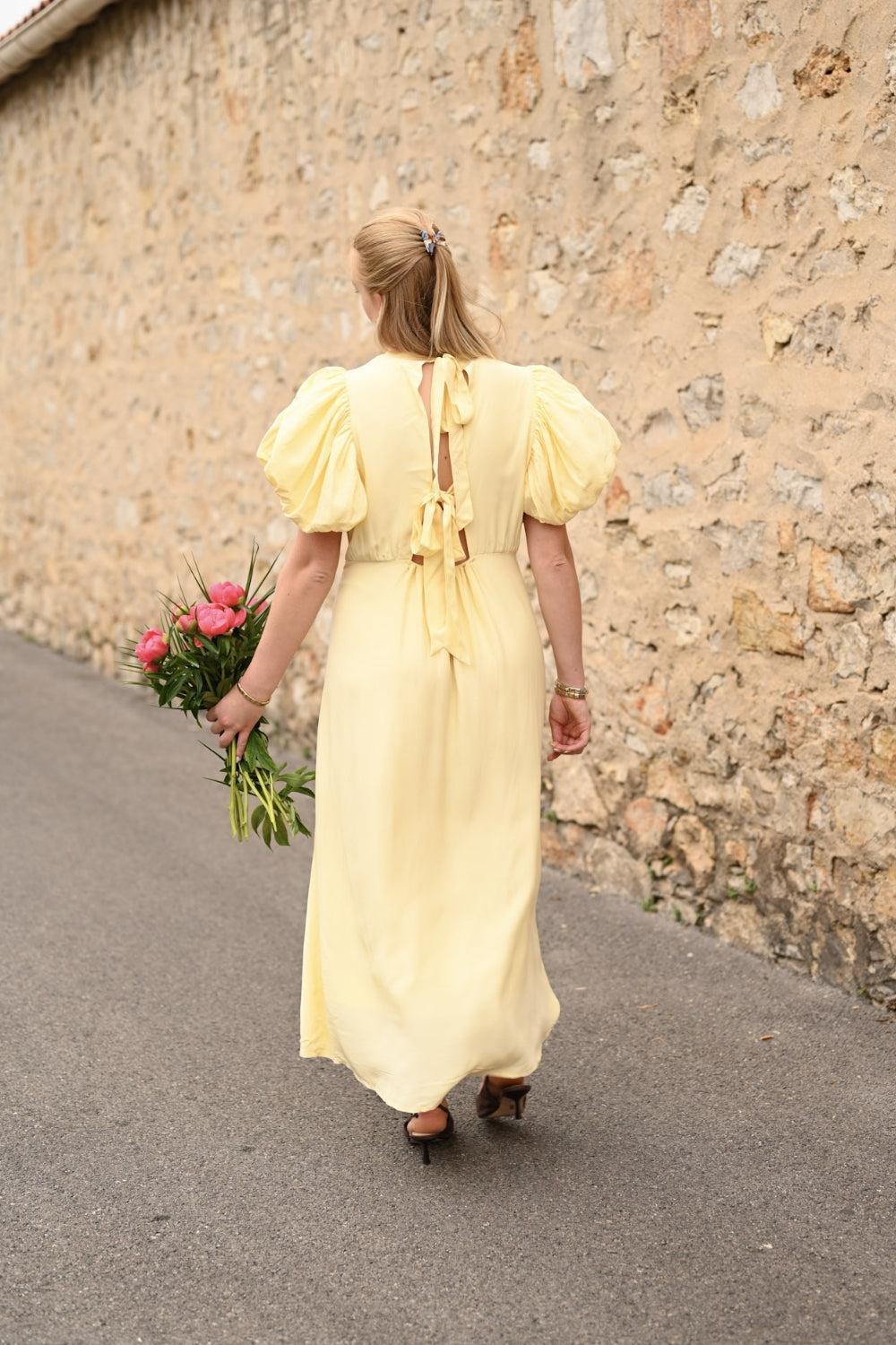 Alicia Puff Short Sleeve Open Back Midi Dress Soft Yellow