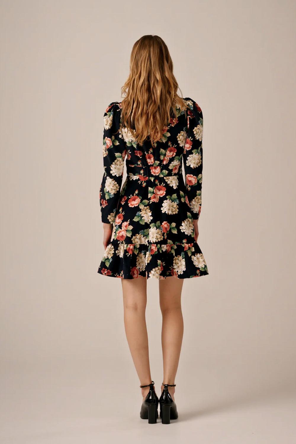 Baby Cord Collared Dress Midnight Roses