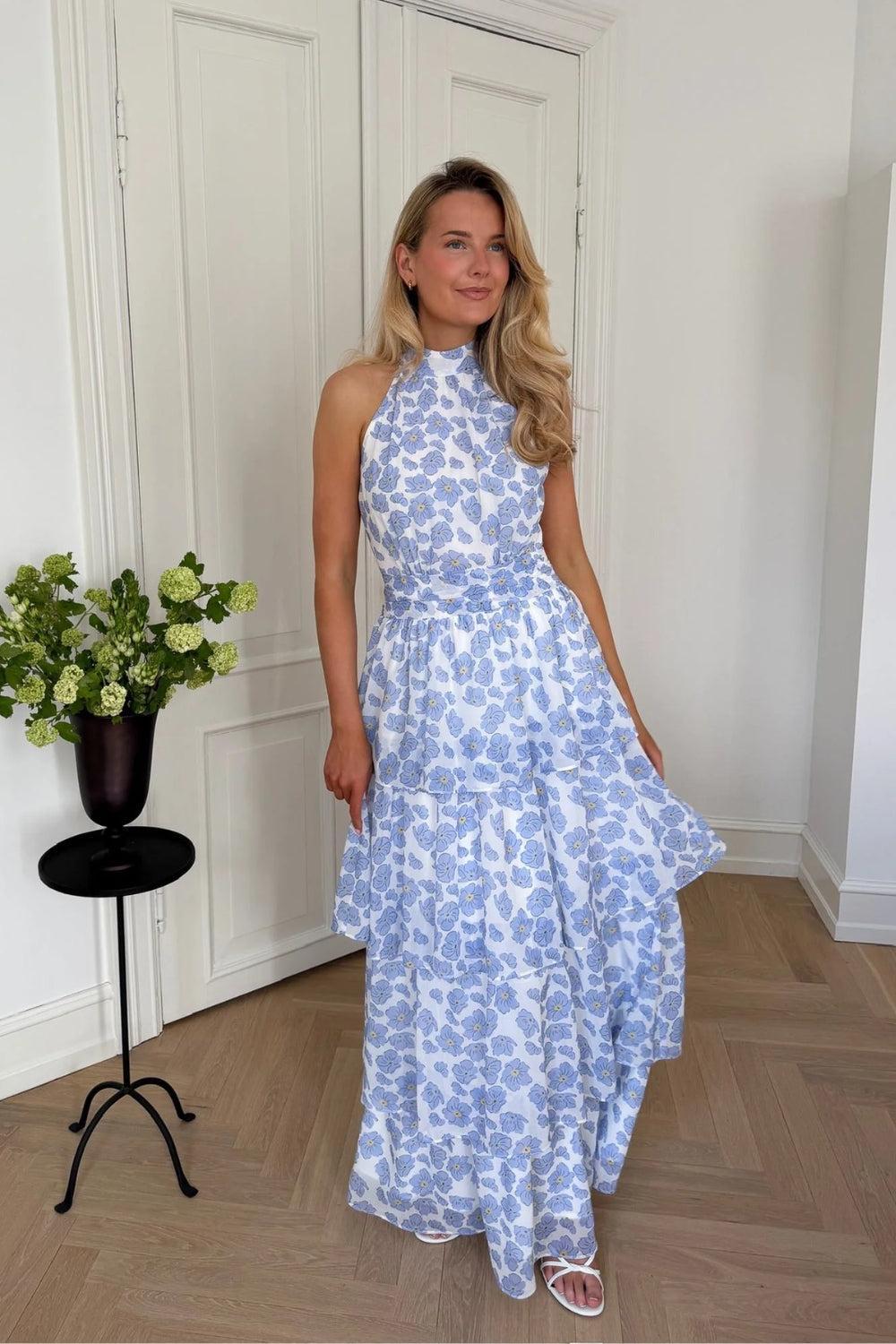 BelleIC Long Dress Blue Dazzling Flower