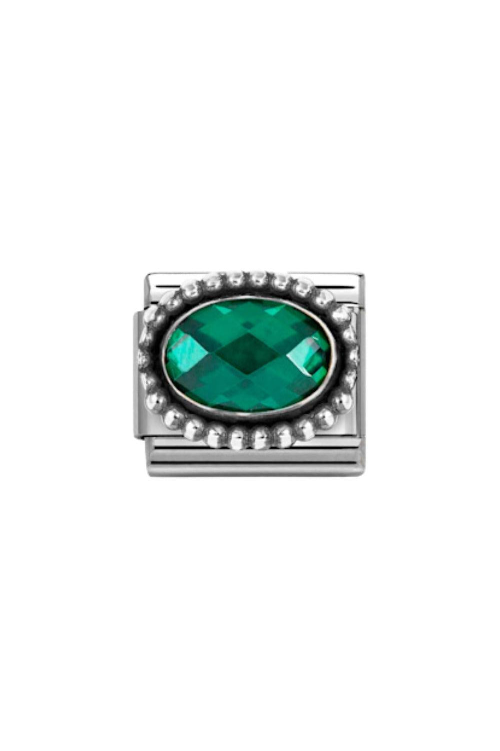 Classic Symbols Oxidized 925 Silver Oval Beaded Rich Setting Emerald Green