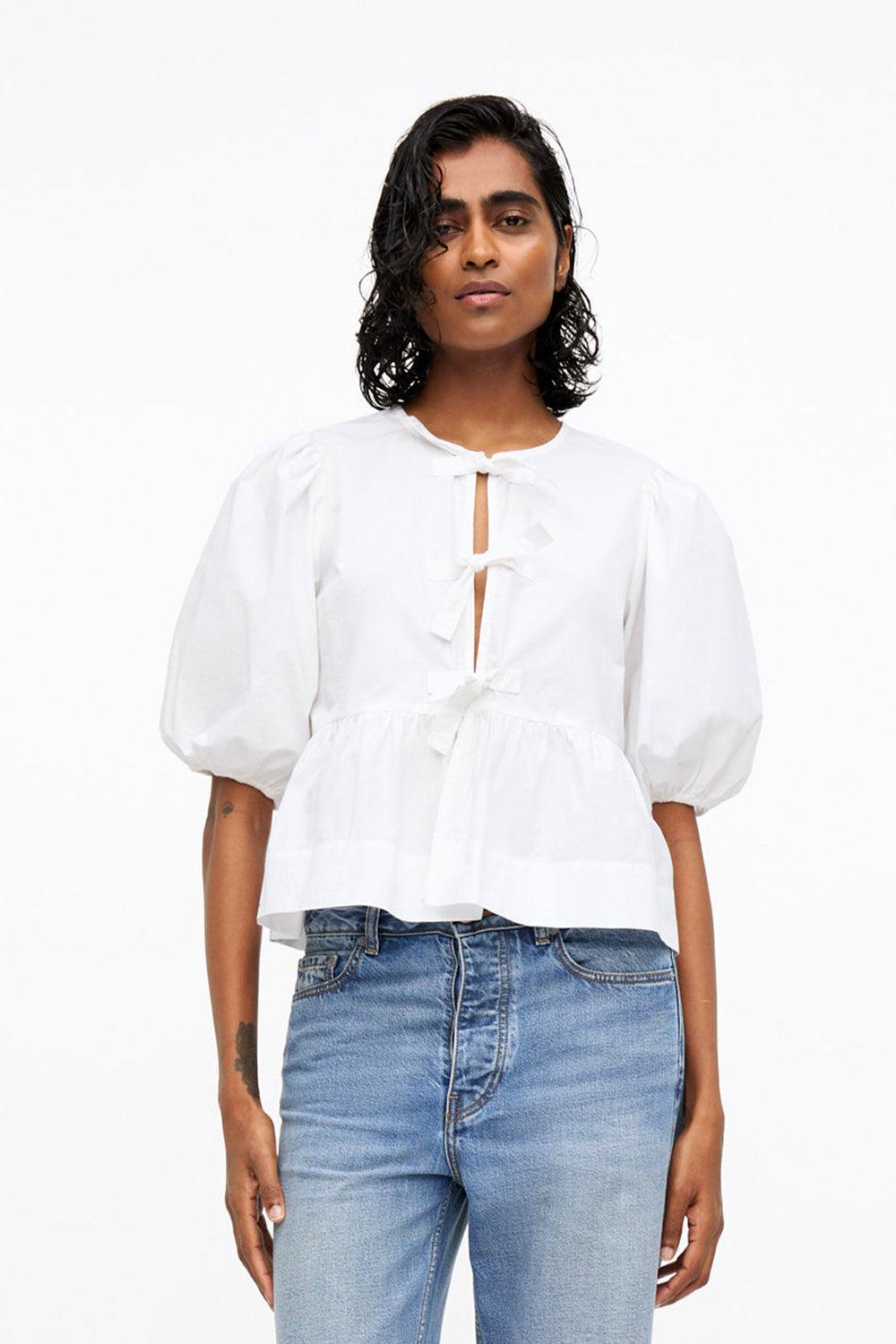 Cotton Poplin Peplum Tie Top Bright White