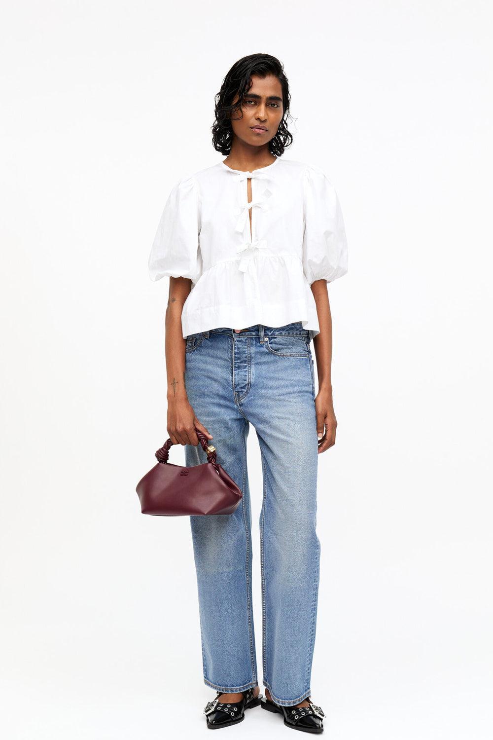 Cotton Poplin Peplum Tie Top Bright White