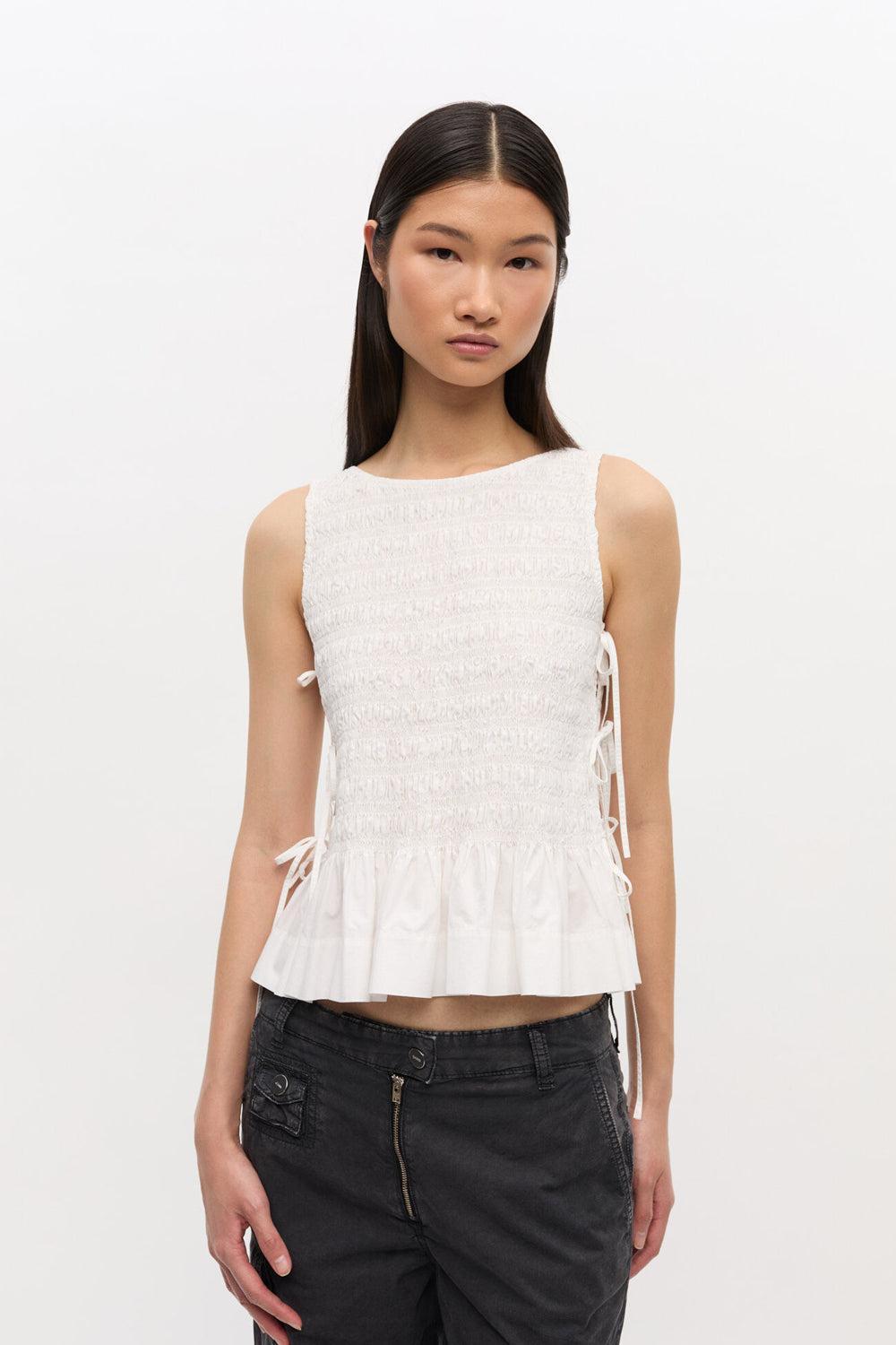 Cotton Poplin Smock Tie String Top Bright White
