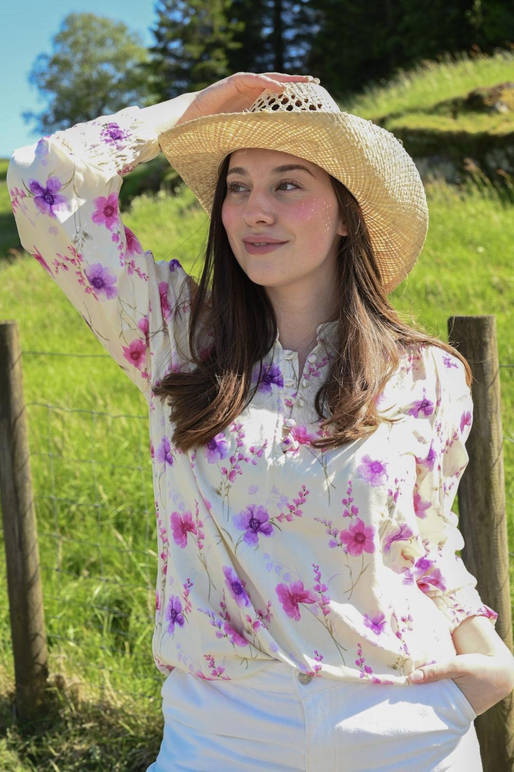 Elin Saten Blouse White Pink Flower