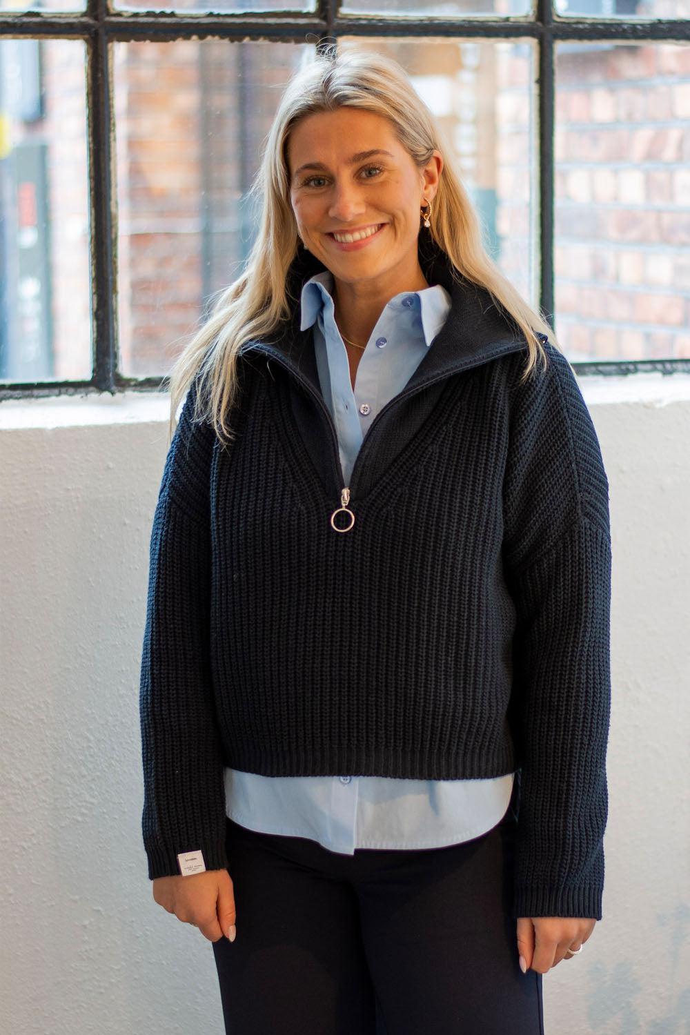Florie Cotton Zip Knit Sweater Dark Navy
