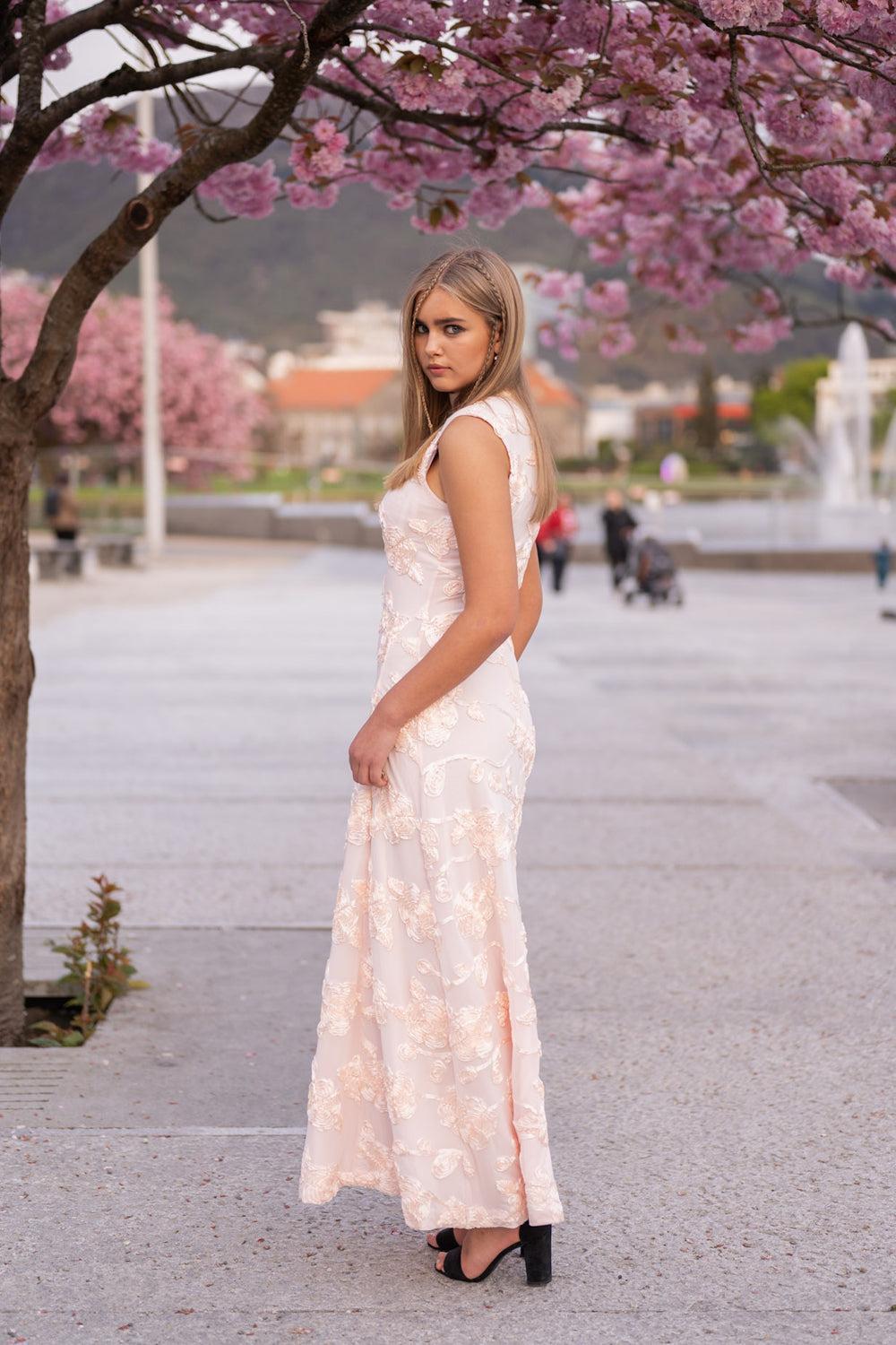 Flower Mesh Maxi Dress Blush