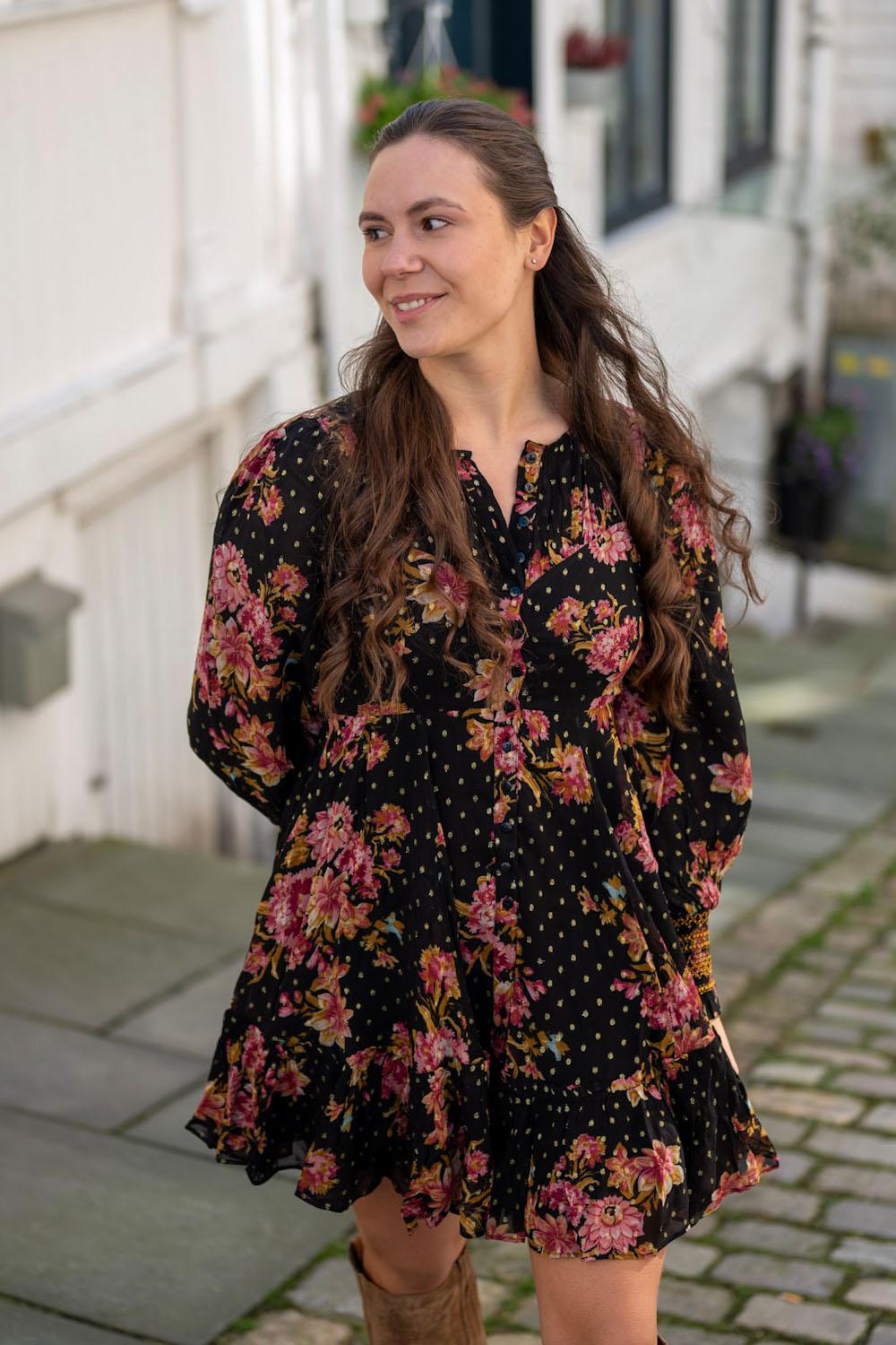 Golden Georgette Mini Dress Autumn Bouquet