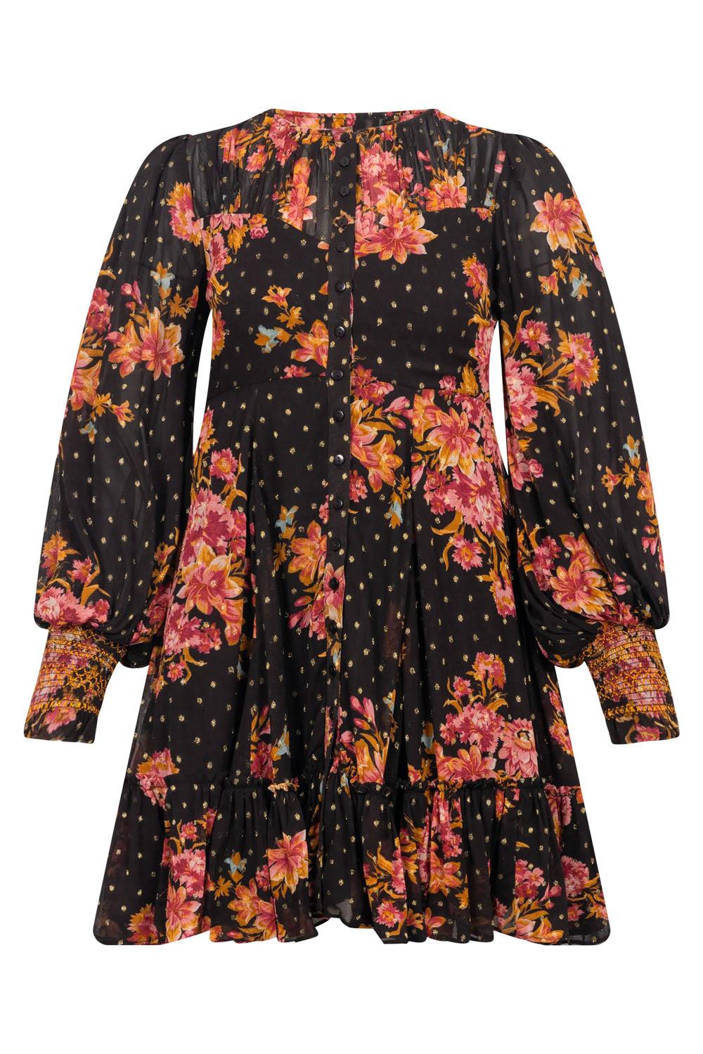 Golden Georgette Mini Dress Autumn Bouquet