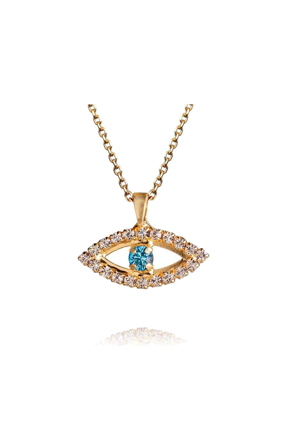 Greek Eye Necklace Gold Crystal Aquamarine
