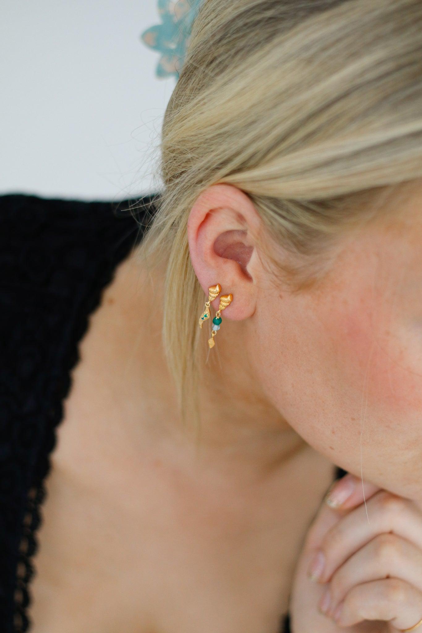 Kaia Earrings Gold-plated with green onyx and Aqua Crystal