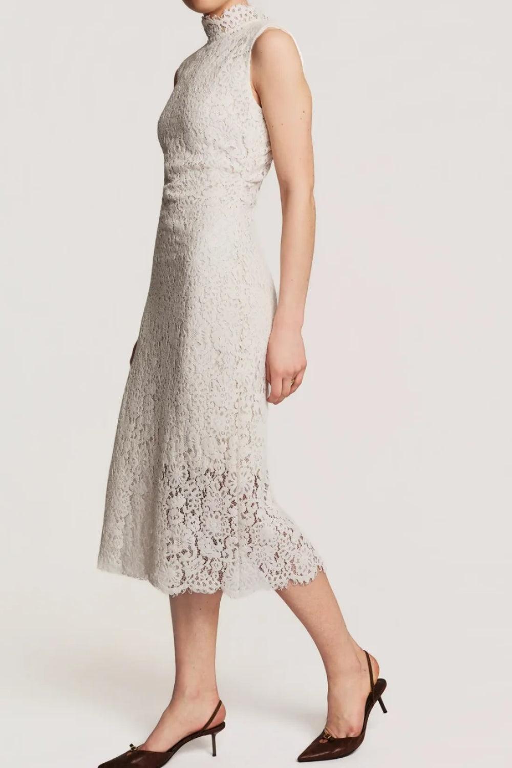 Lace Velvet Midi Dress Vintage White