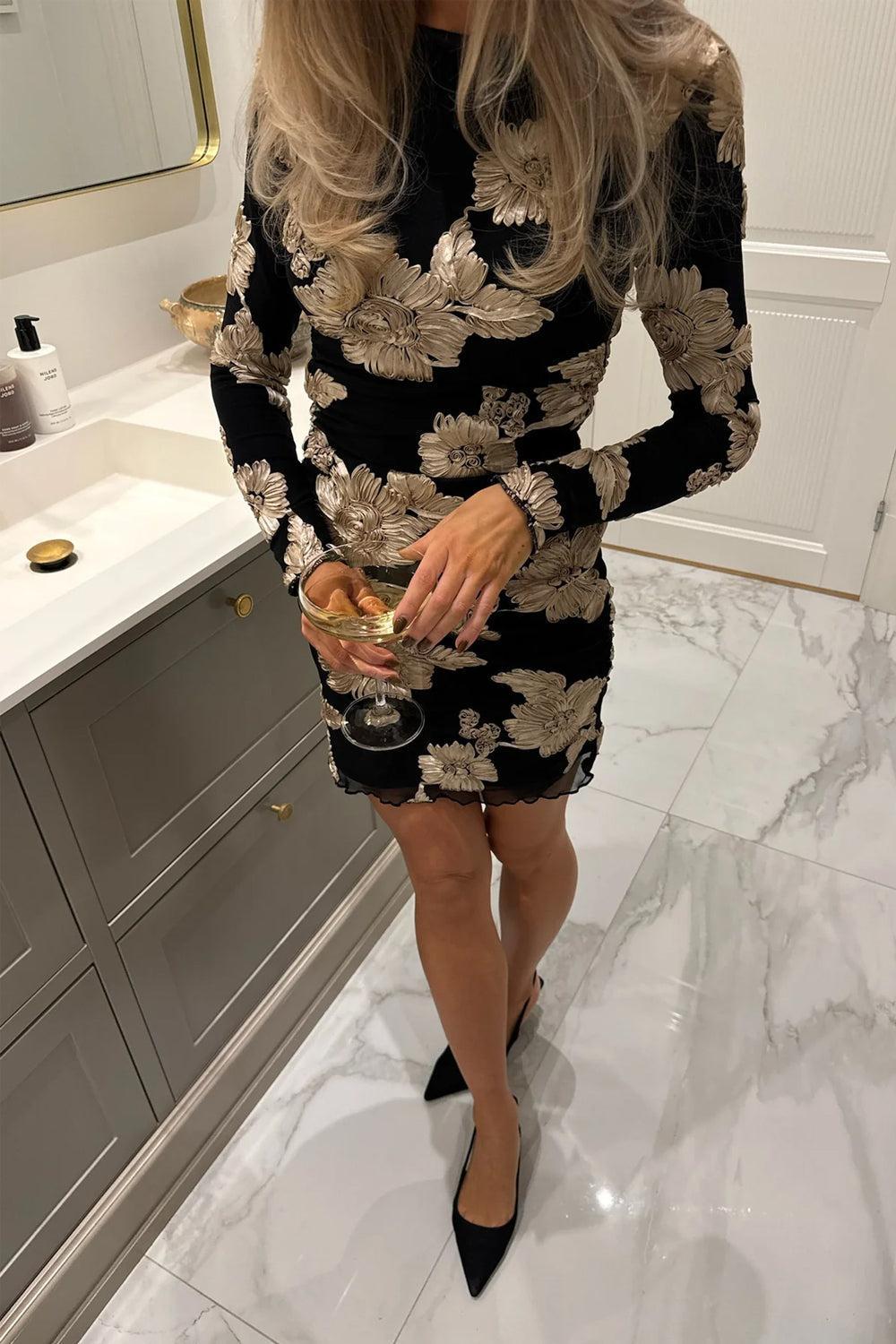 Majaic Mesh Dress Black Beige Flower
