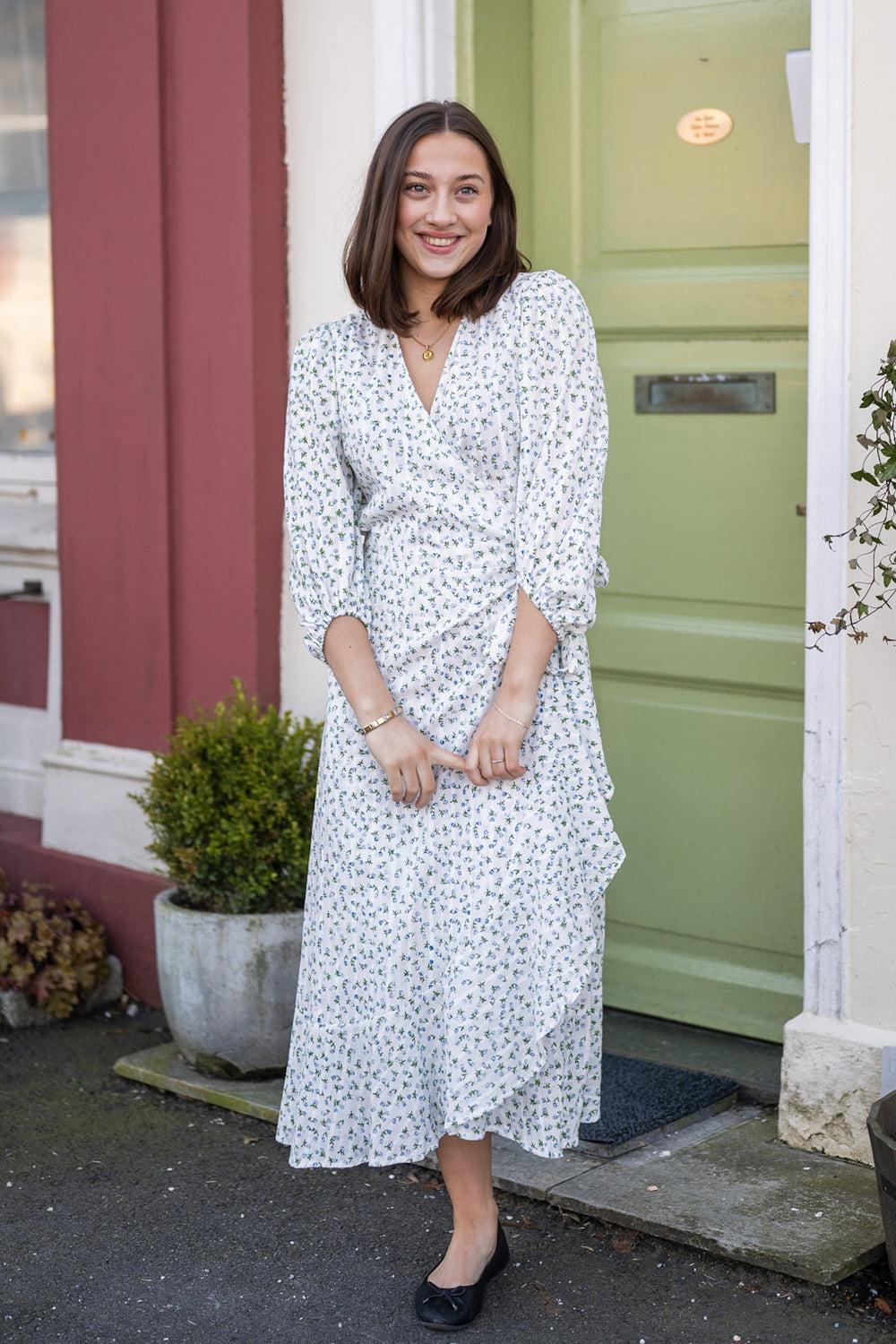 Mercine Wrap Dress Blue Flower Print