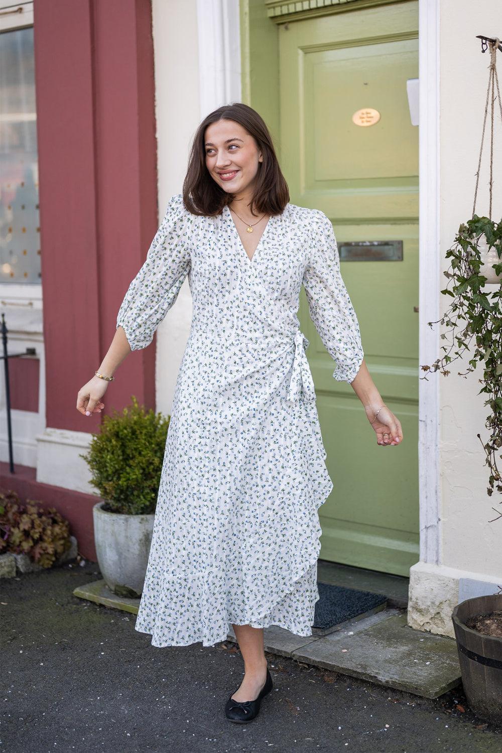 Mercine Wrap Dress Blue Flower Print