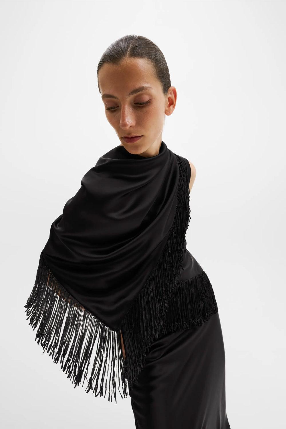 Nalia Fringe Satin Scarf Black