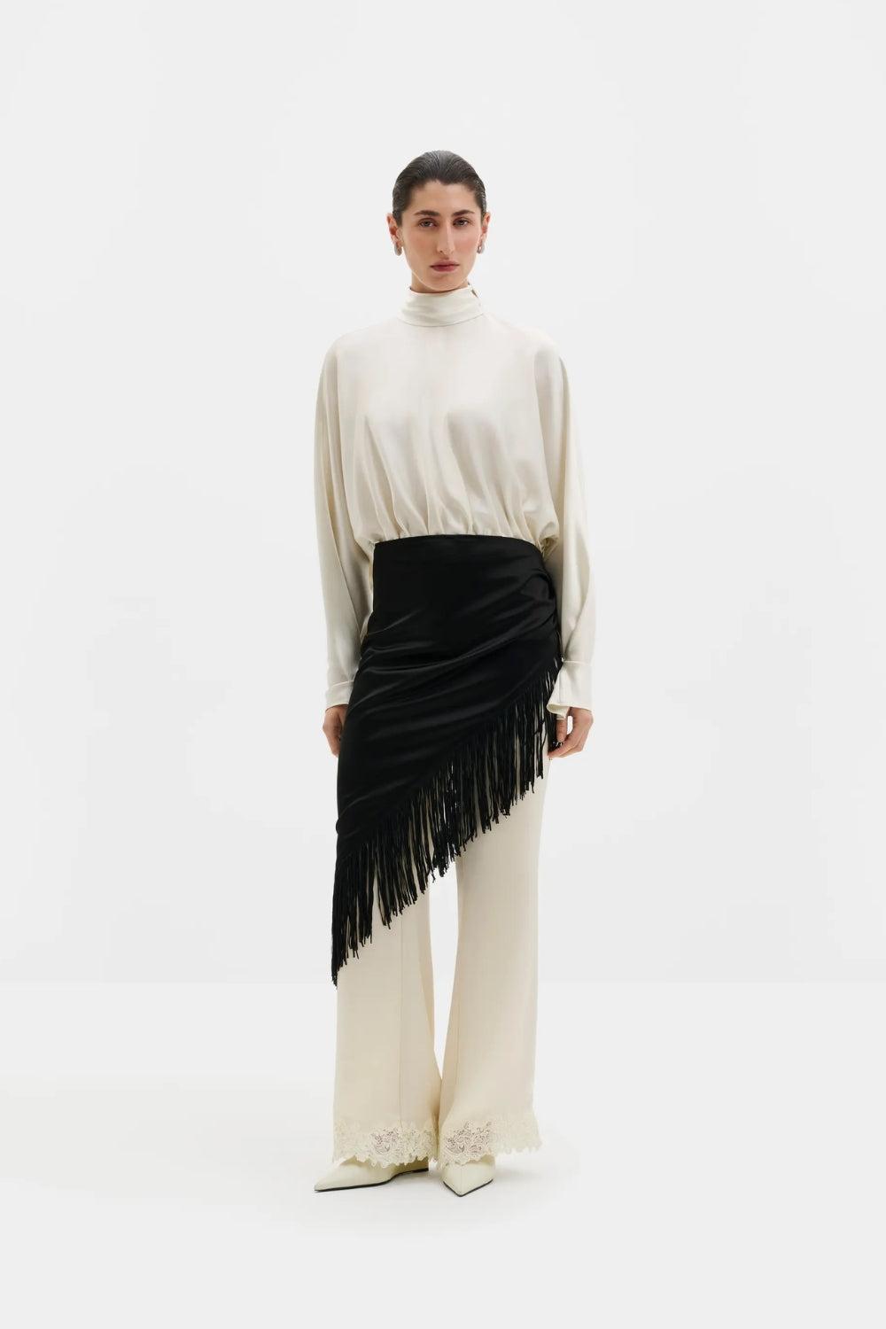 Nalia Fringe Satin Scarf Black