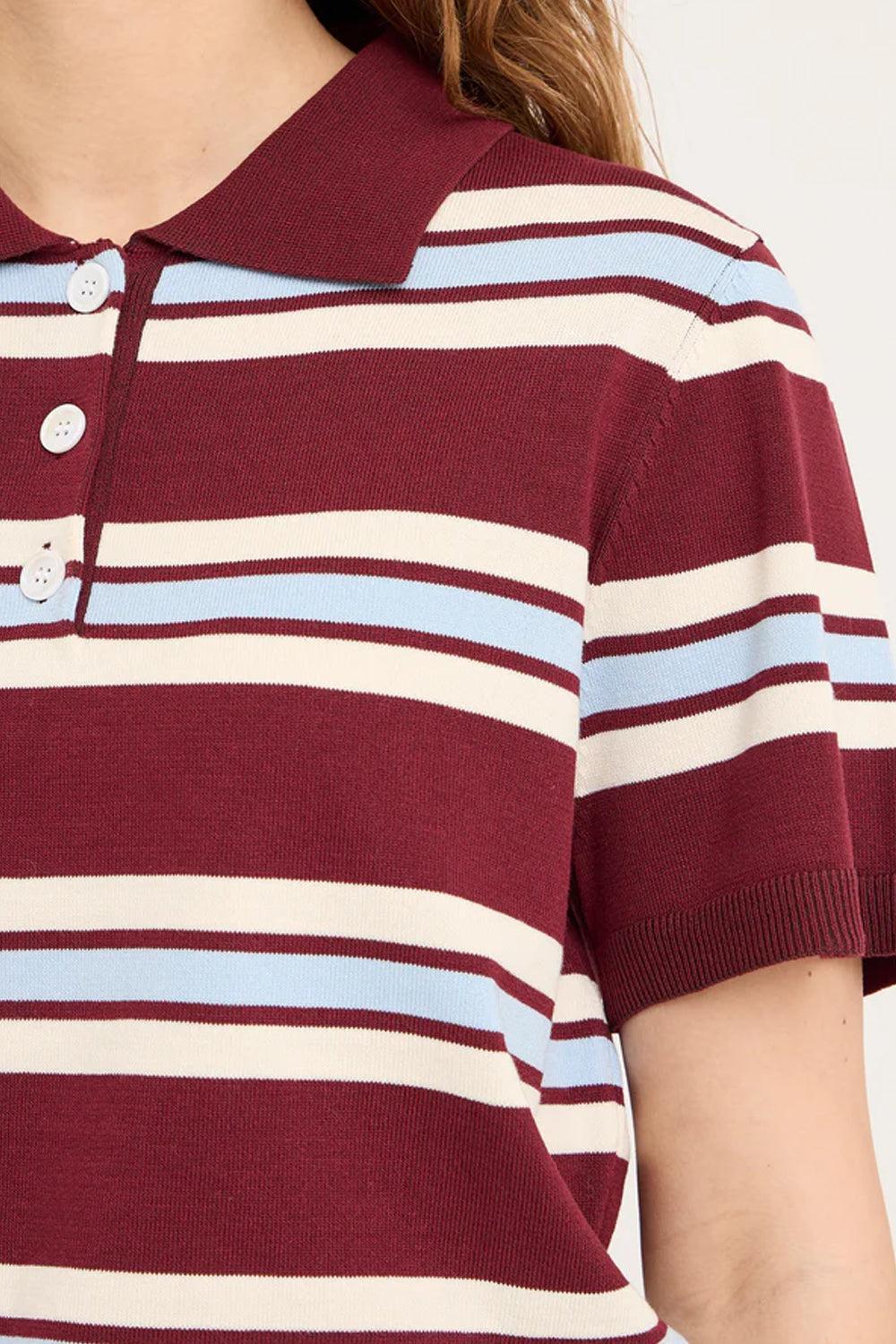 Polo Stripe Knit Blouse Burgundy/white/blue