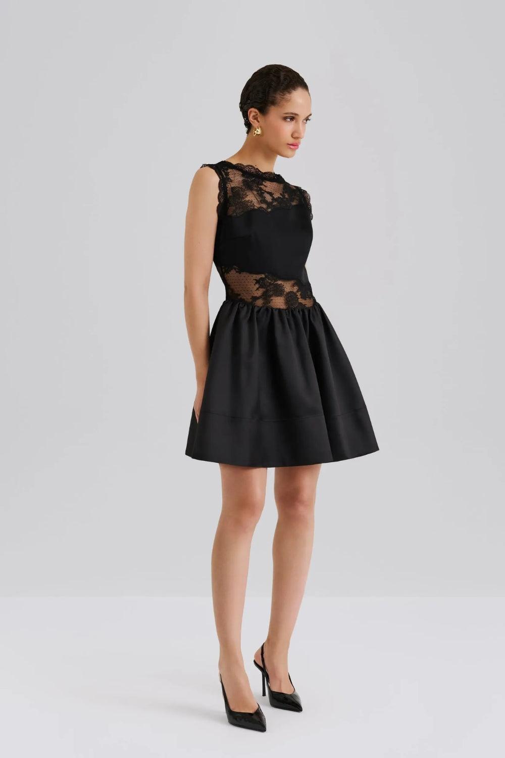 Rosy Lace Trimmed Cut Out Mini Dress Black