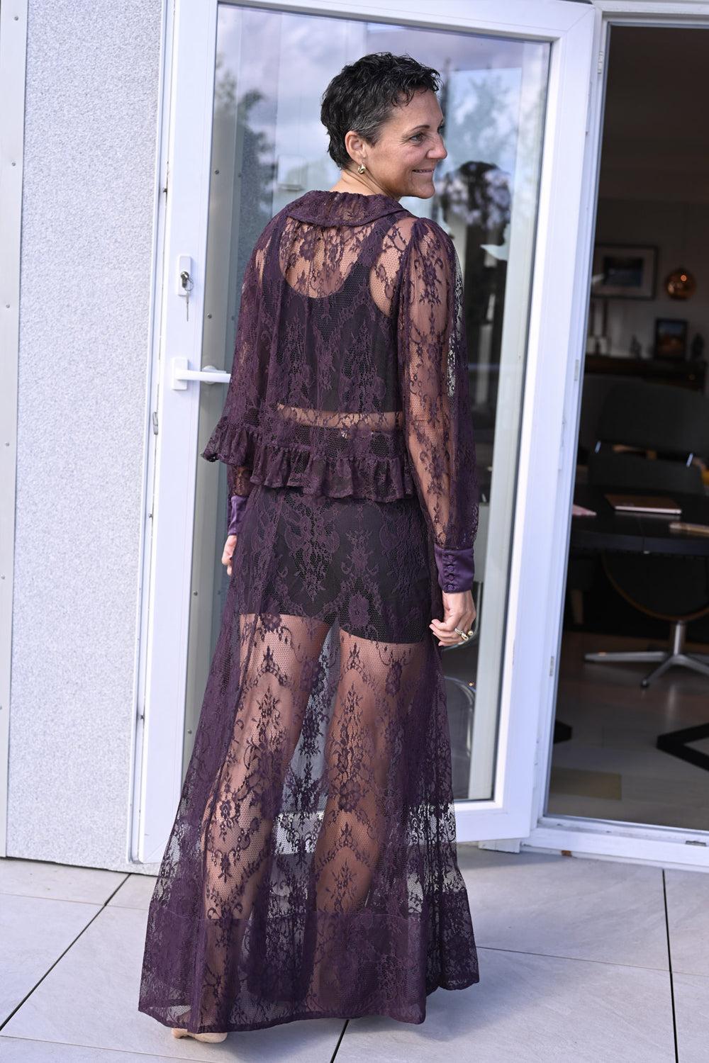 Satin Lace Maxi Skirt Aubergine