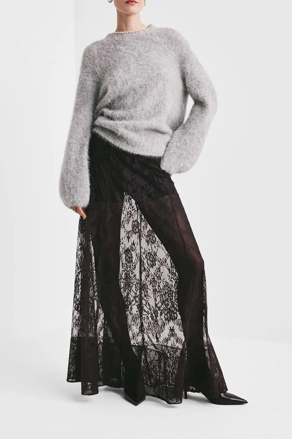 Satin Lace Maxi Skirt Aubergine