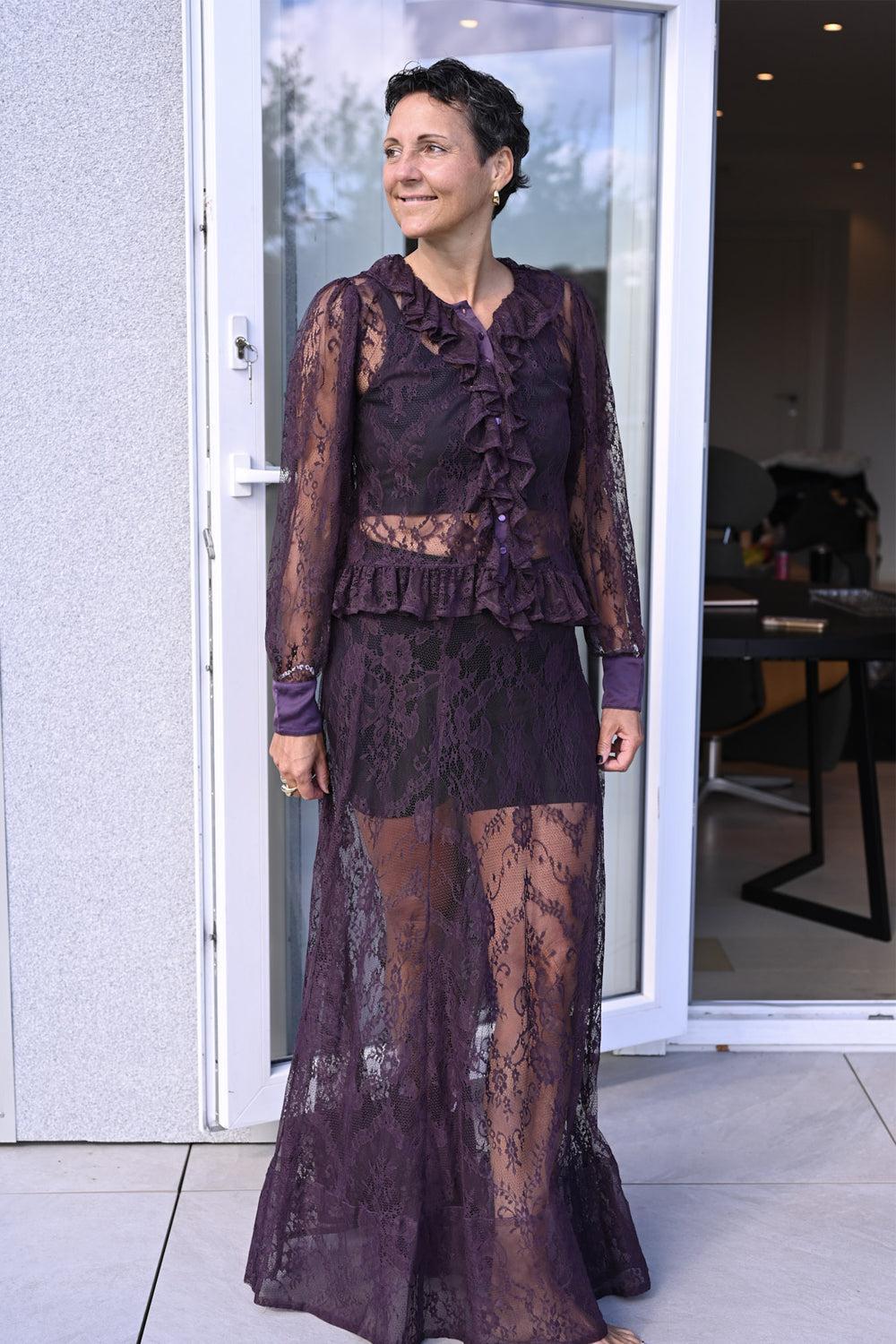 Satin Lace Maxi Skirt Aubergine