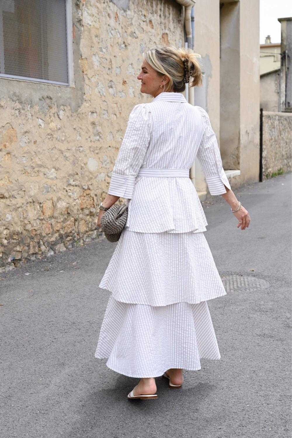 Seersucker Flounce Dress Khaki Stripe