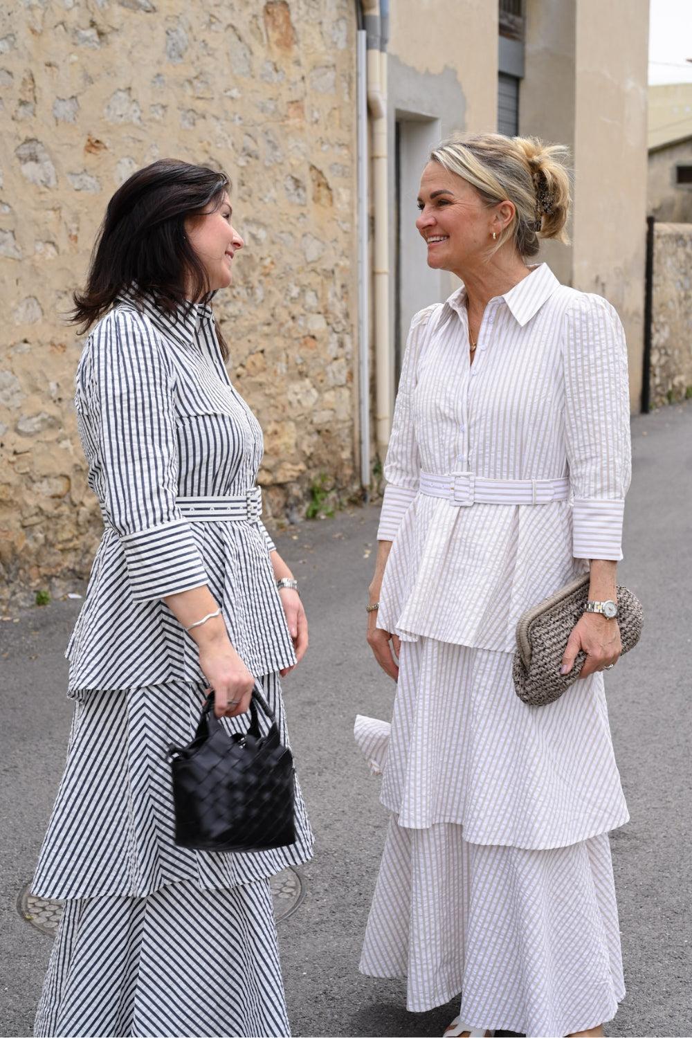 Seersucker Flounce Dress Khaki Stripe