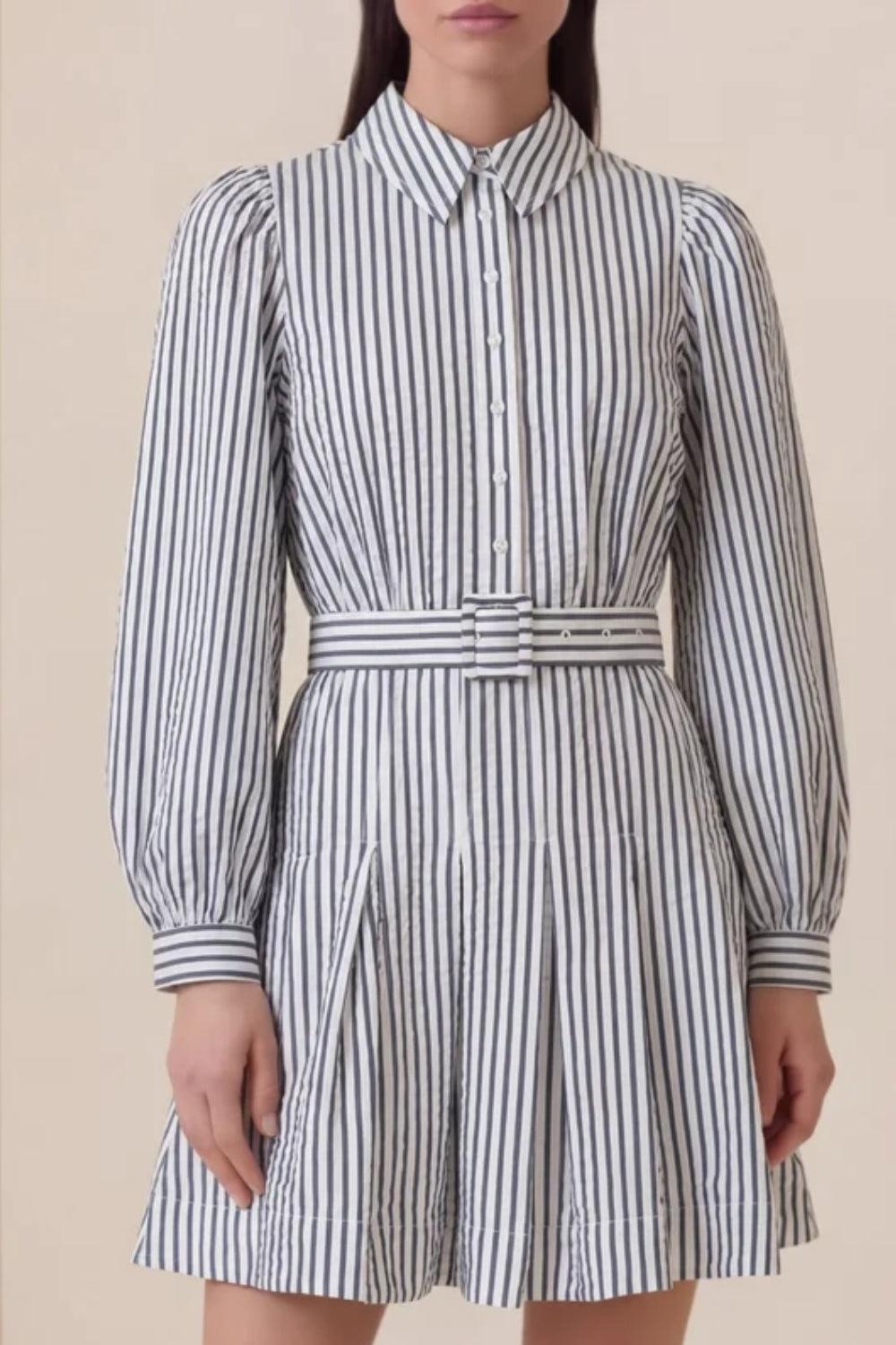Seersucker Pleated Dress Marine Stripe