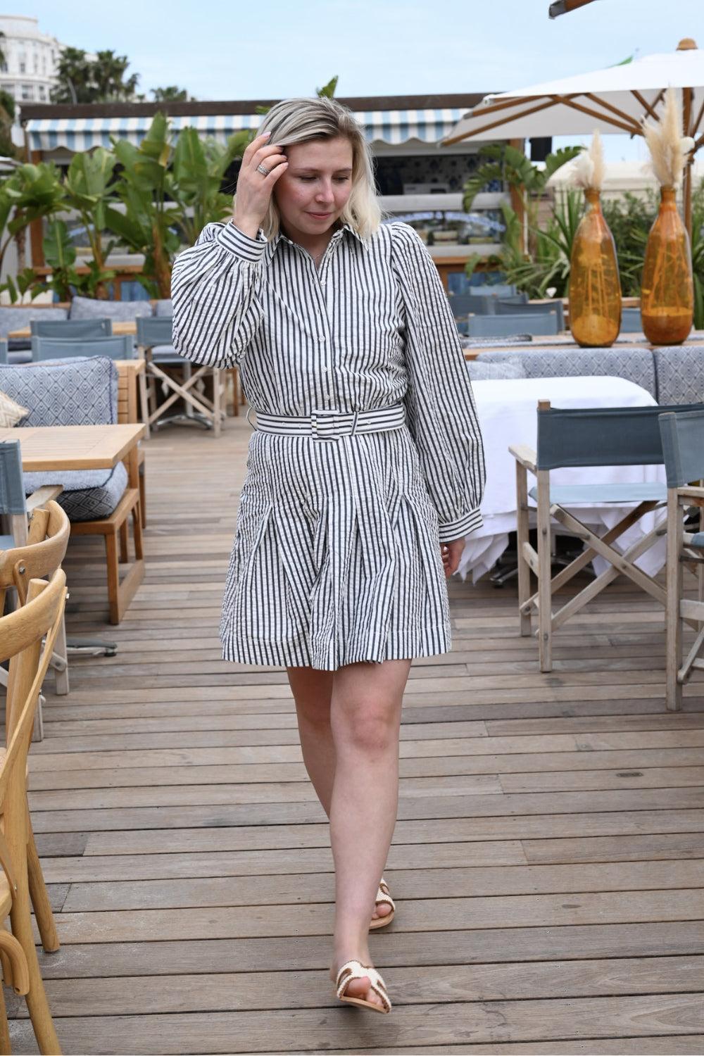 Seersucker Pleated Dress Marine Stripe