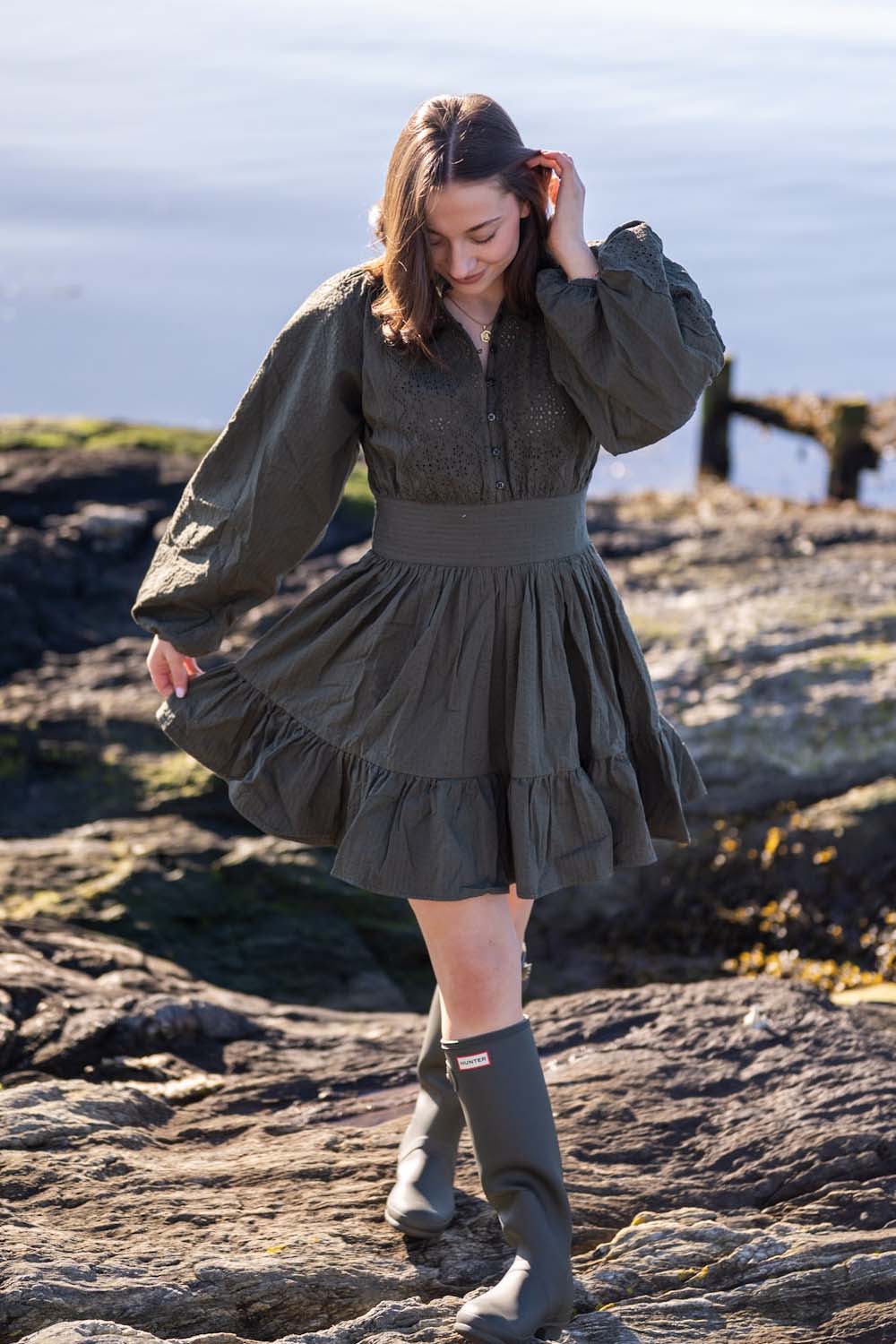 Seersucker mini dress dark green