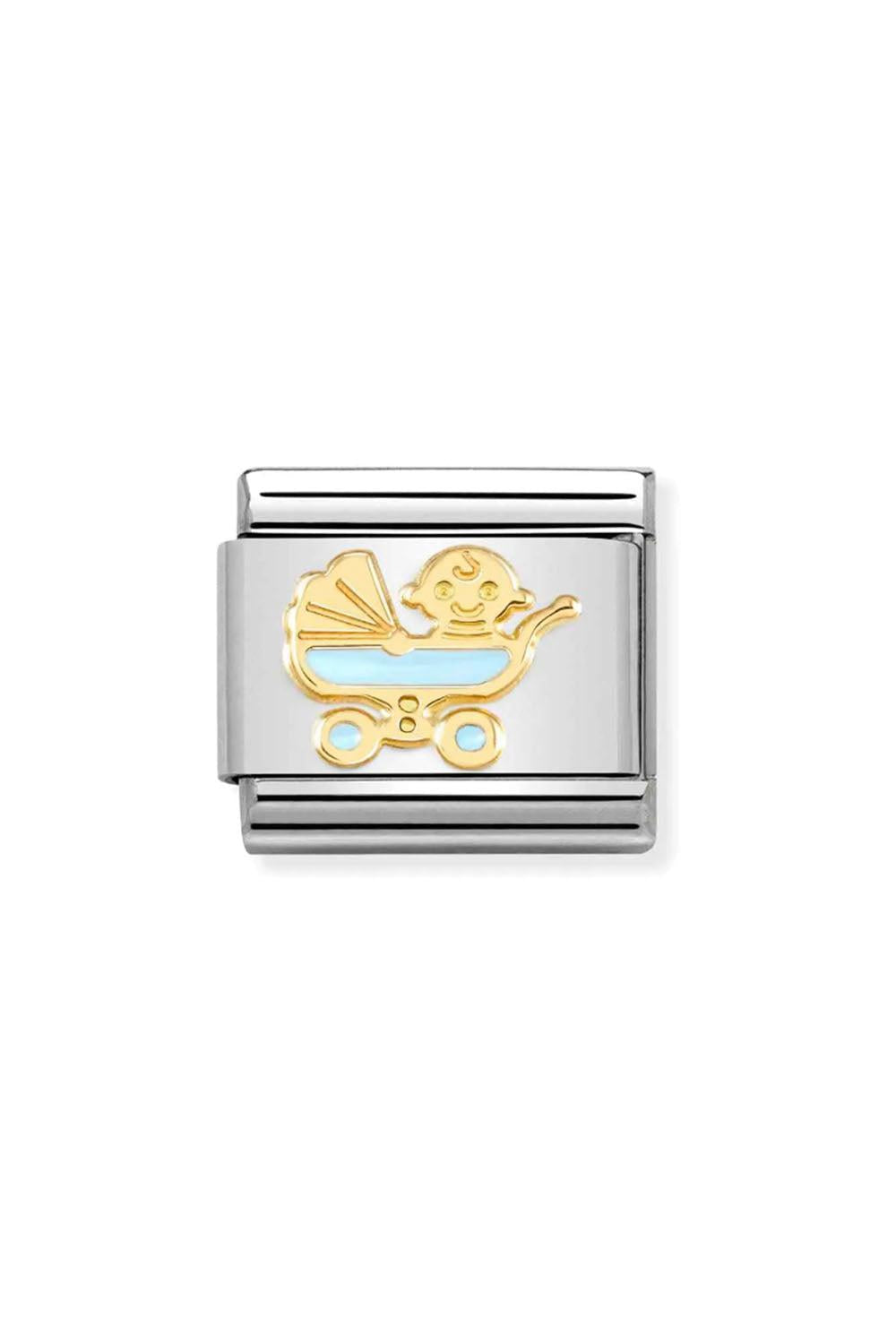 Symbols 18k Gold & enamel blue baby pram