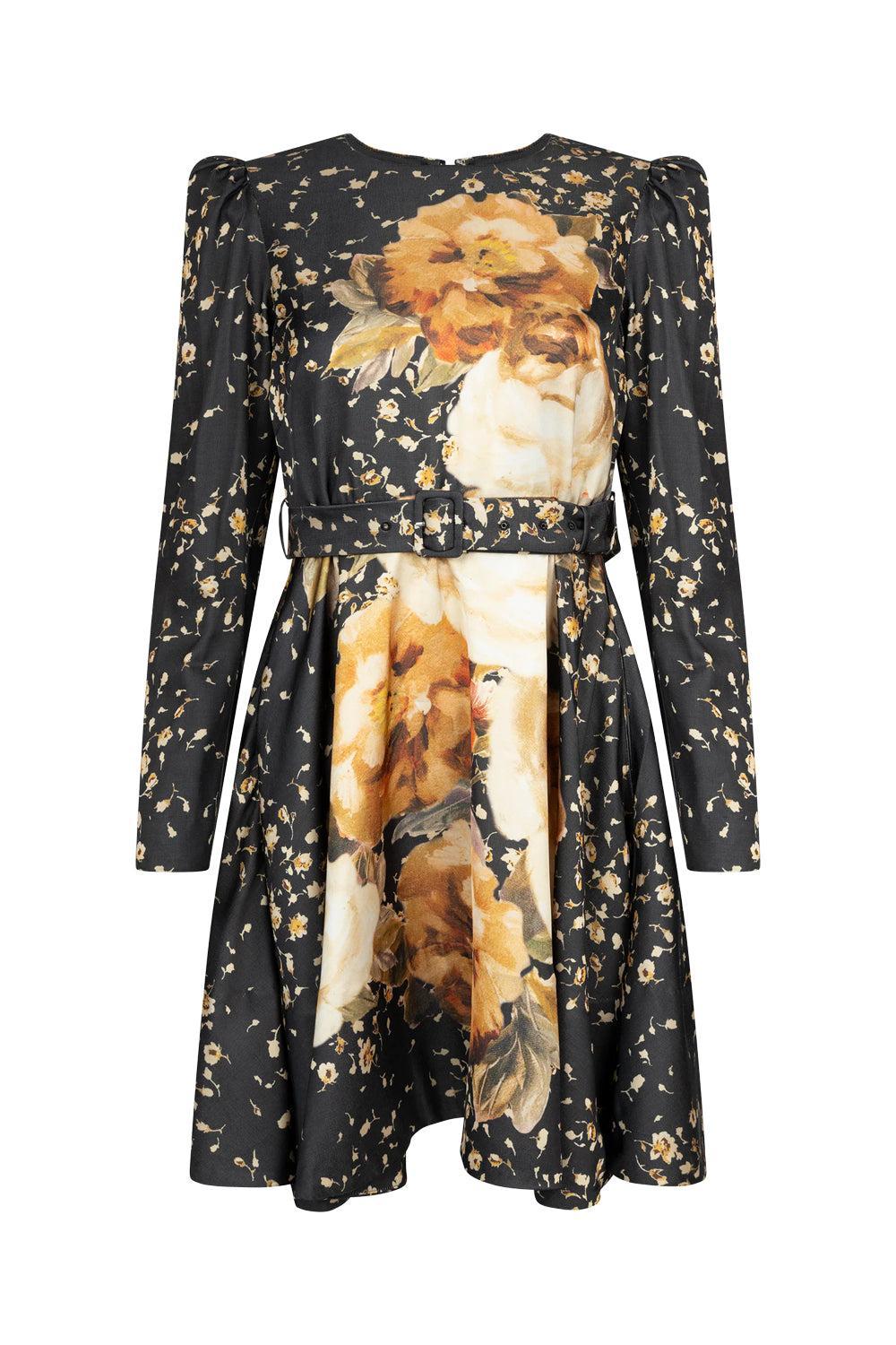 Tailored Satin Belt Dress Black Rose