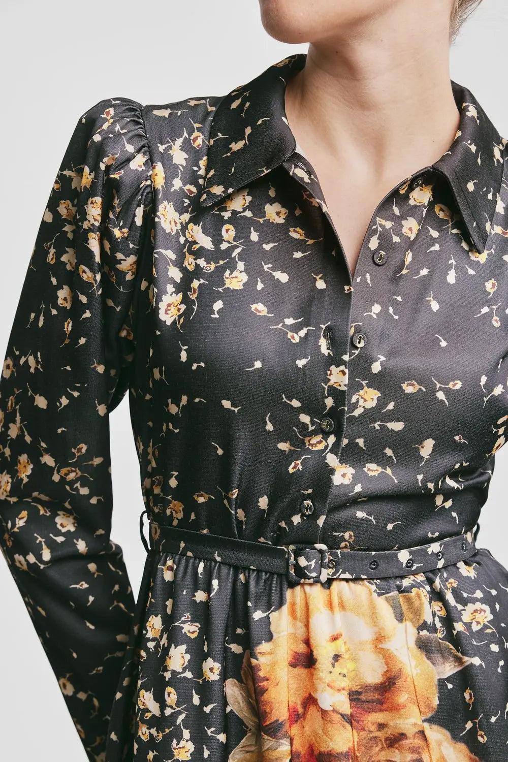 Tailored Satin shirt Dress Black Rose