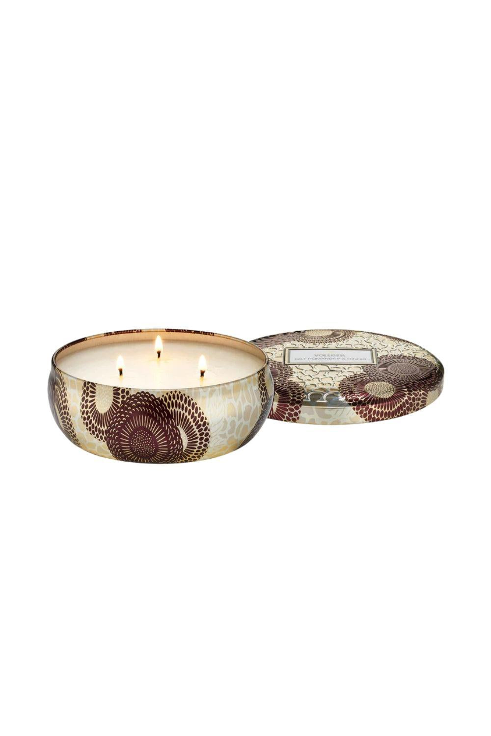 3 Wick Tin Candle Gilt Pomander & Hinoki