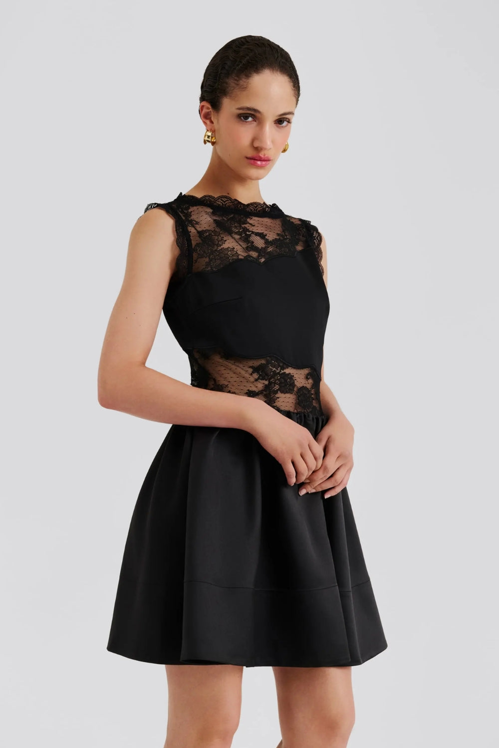 Rosy Lace Trimmed Cut Out Mini Dress Black