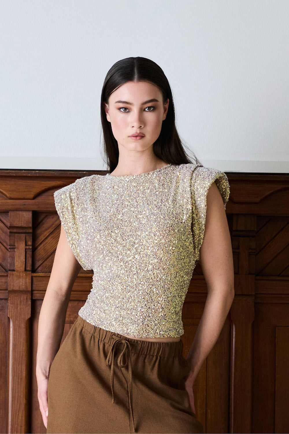 Sunset Sequin Top Iridescent Beige