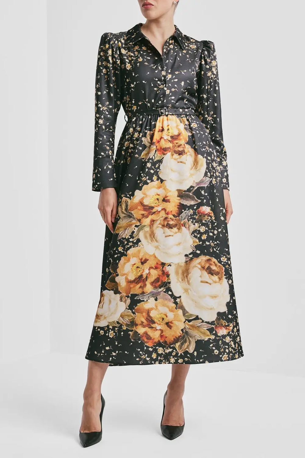 Tailored Satin shirt Dress Black Rose