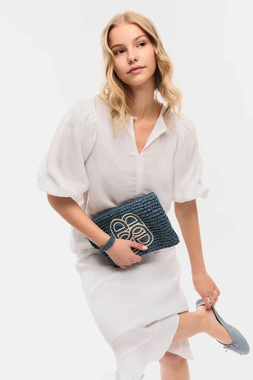 Mim Straw Clutch Blue