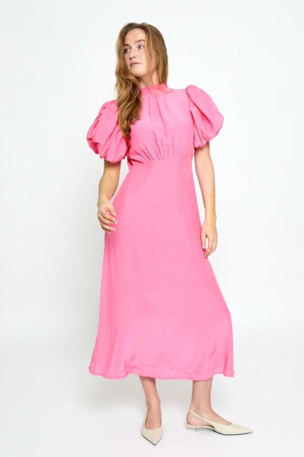 Alicia Puff Short Sleeve Open Back Midi Dress Prism Pink