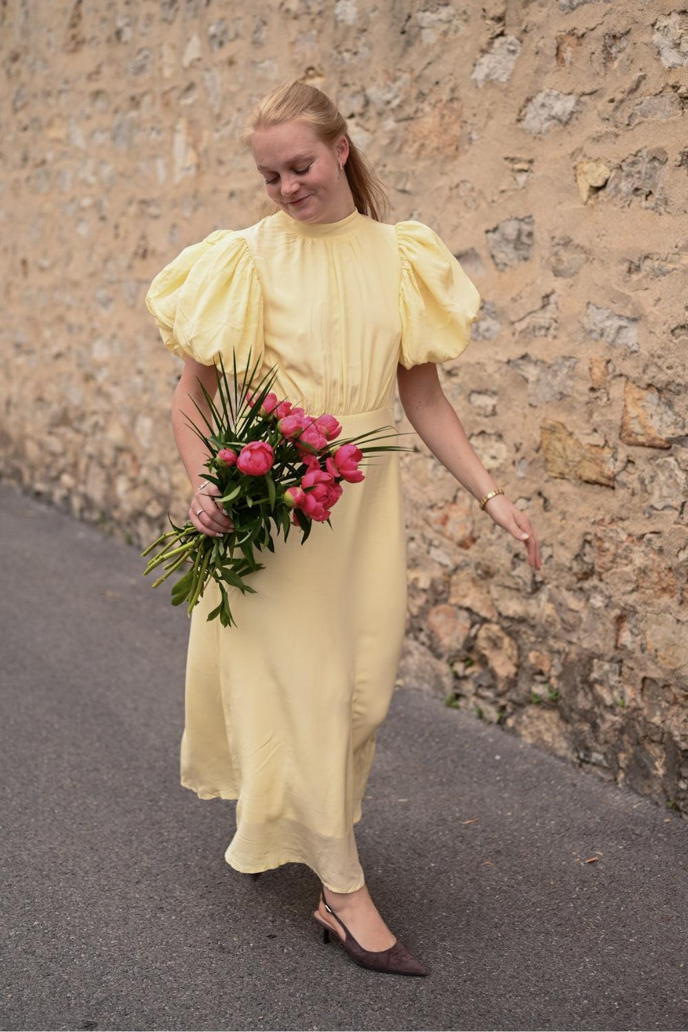 Alicia Puff Short Sleeve Open Back Midi Dress Soft Yellow