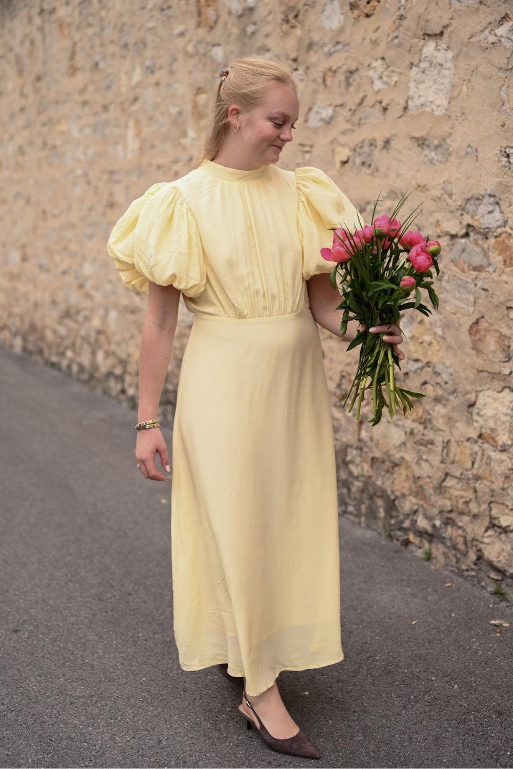 Alicia Puff Short Sleeve Open Back Midi Dress Soft Yellow