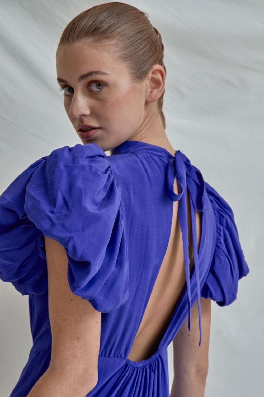 Alicia puff short sleeve open back midi dress Blue Bonnet
