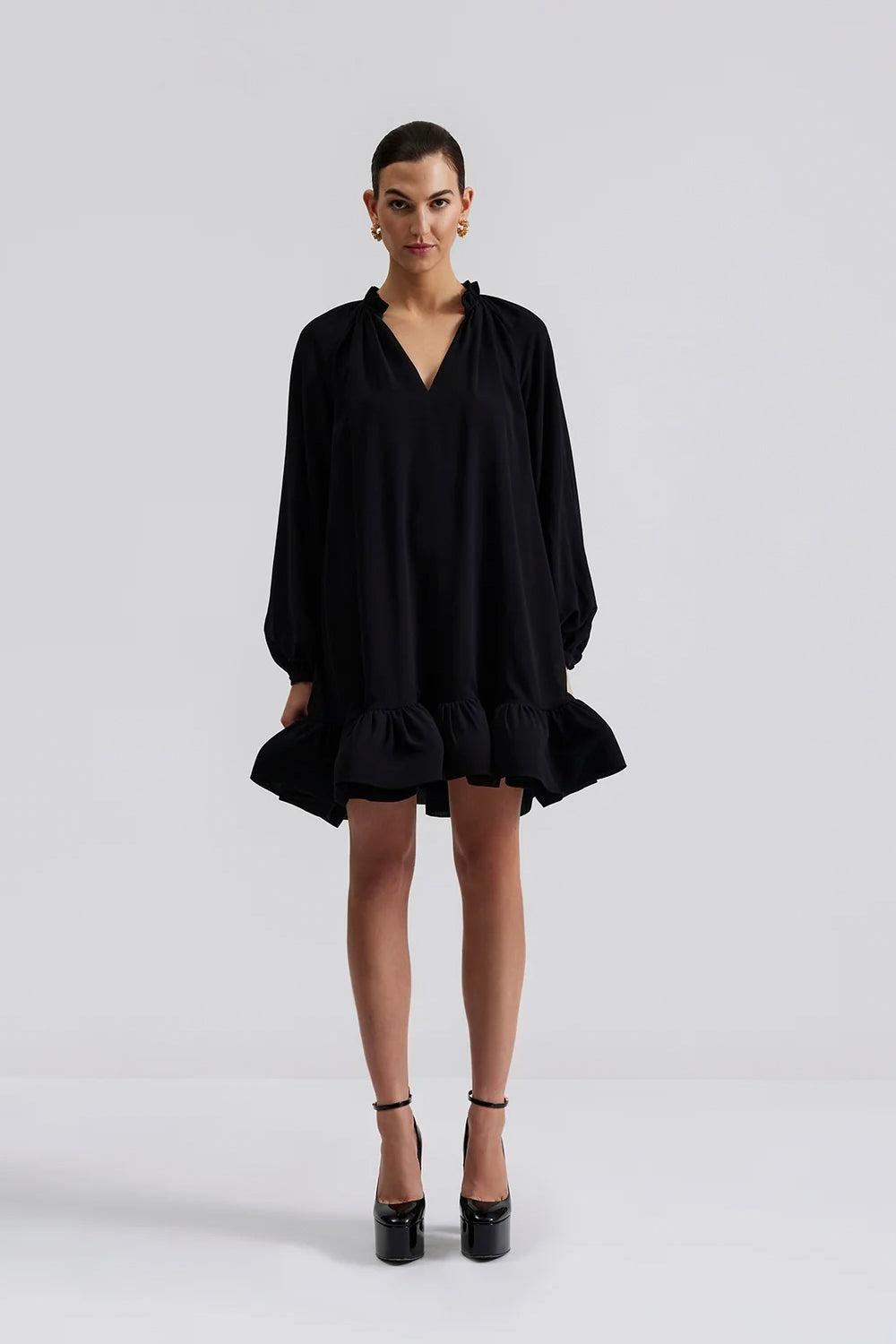 Alva Frill Detailed Mini Dress Black