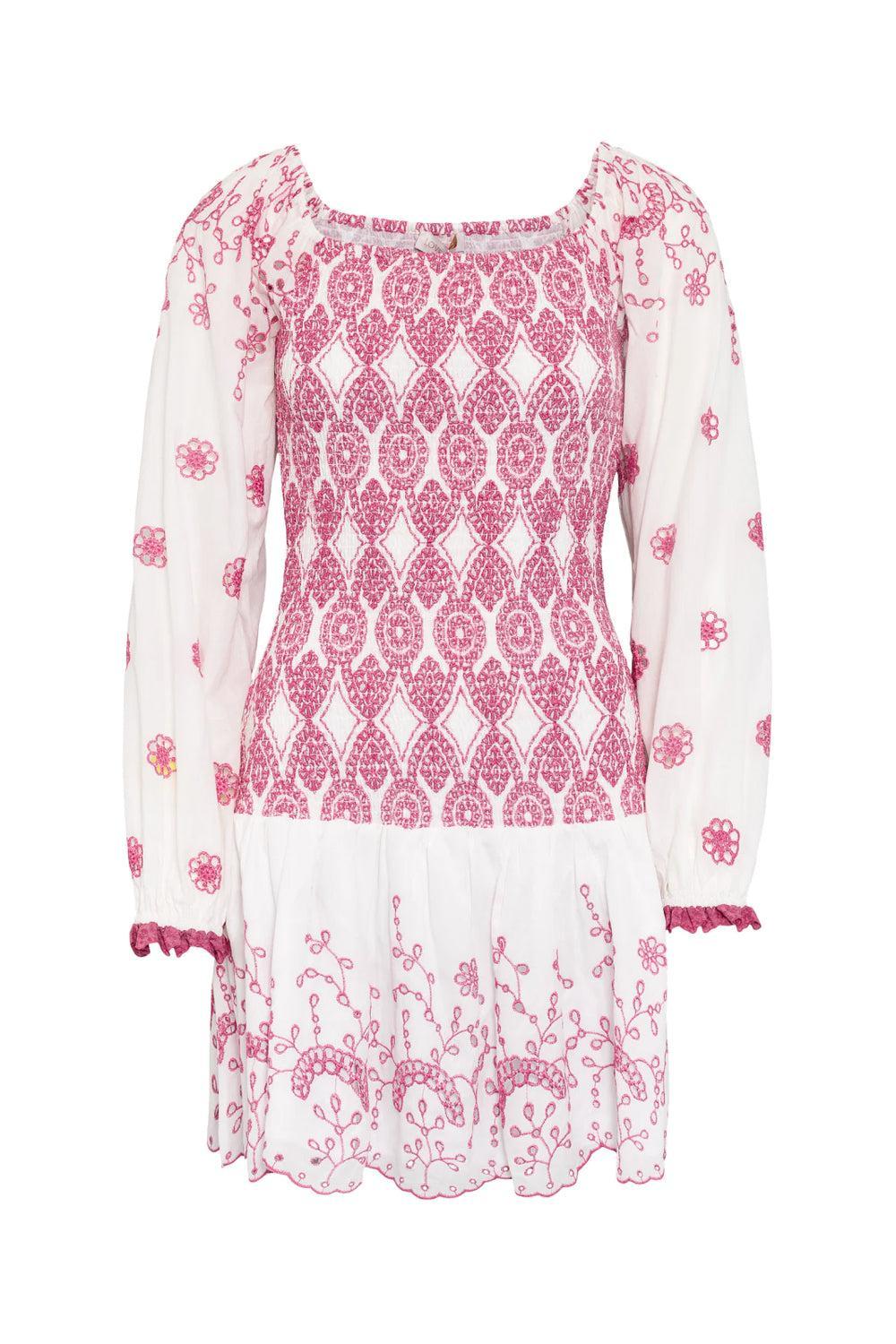 Augustine Dress White Pink Emb.
