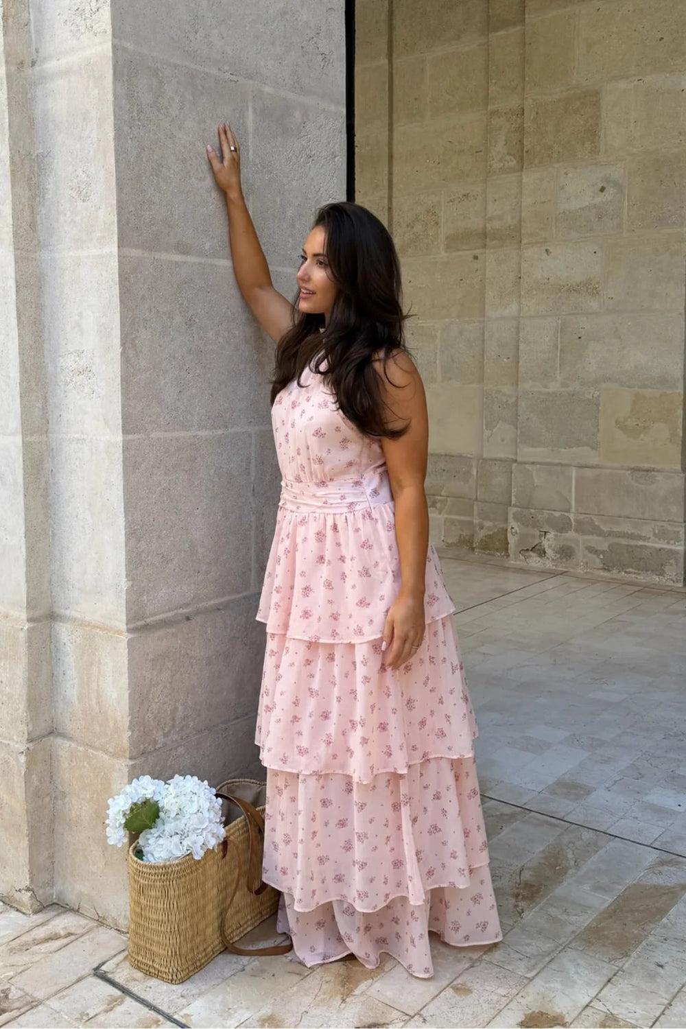 BelleIC Long Dress Pink Flower Print